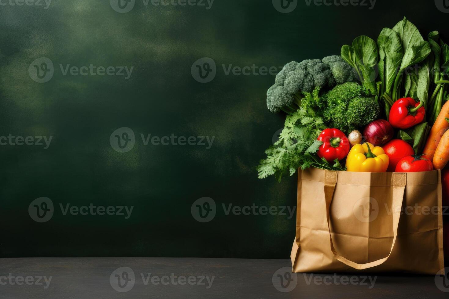 AI generated Healthy vegan vegetarian food in a paper bag, vegetables and fruits on a green background, copy space. AI-generated content photo