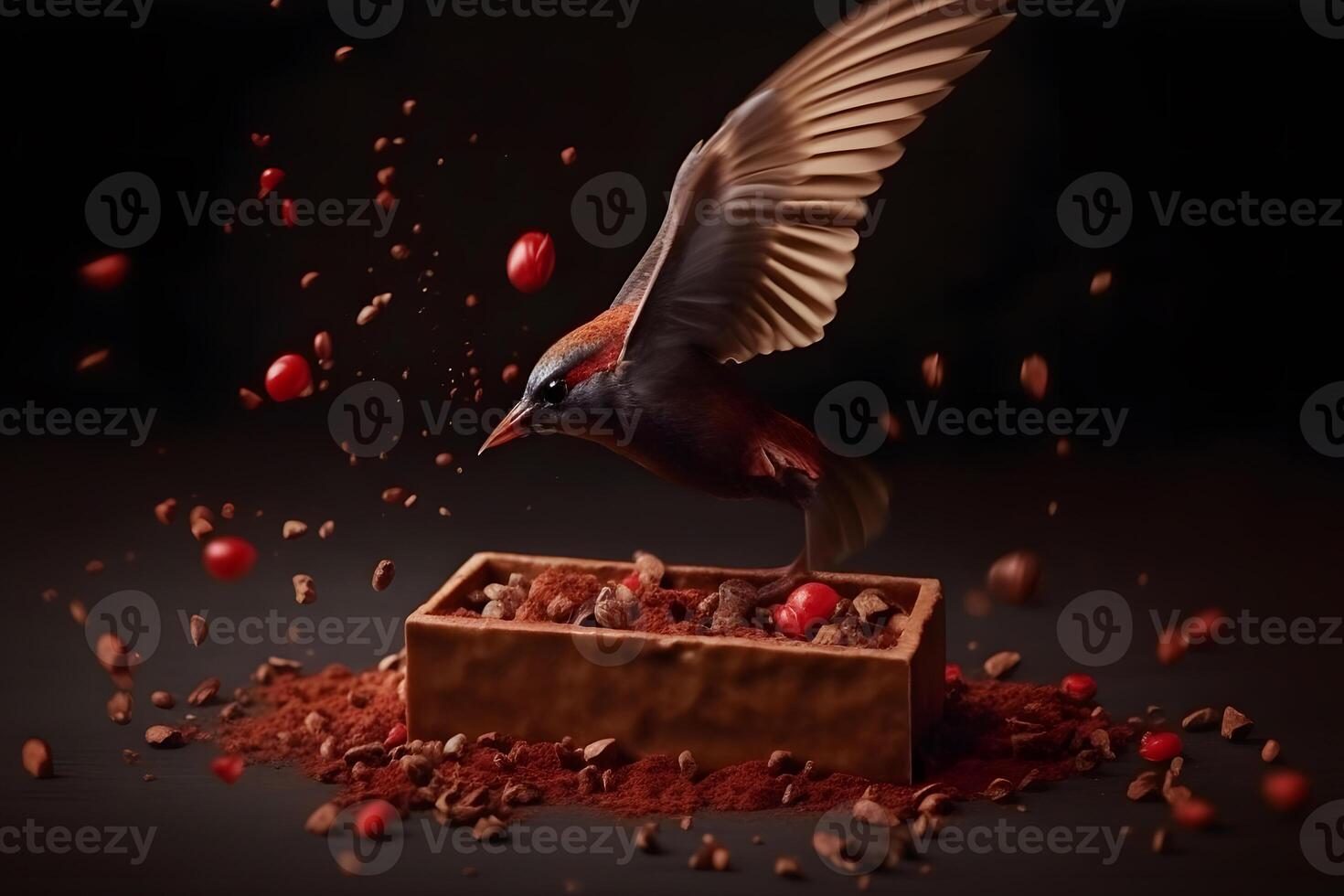 AI generated Bird and piece of dark chocolate on cocoa powder. Neural network AI generated photo