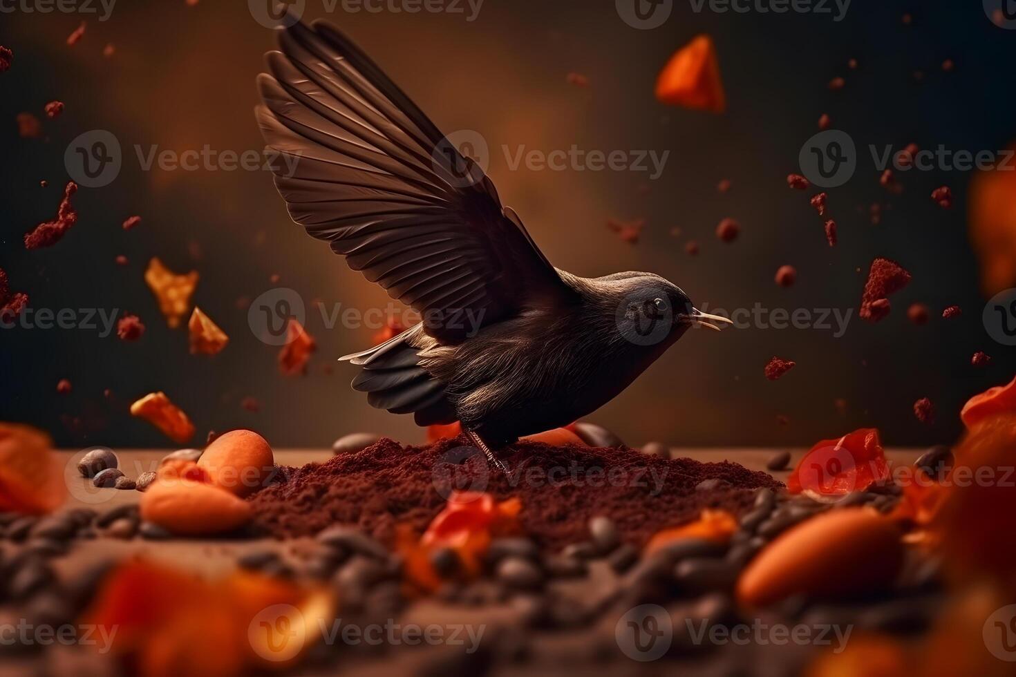 AI generated Bird and piece of dark chocolate on cocoa powder. Neural network AI generated photo