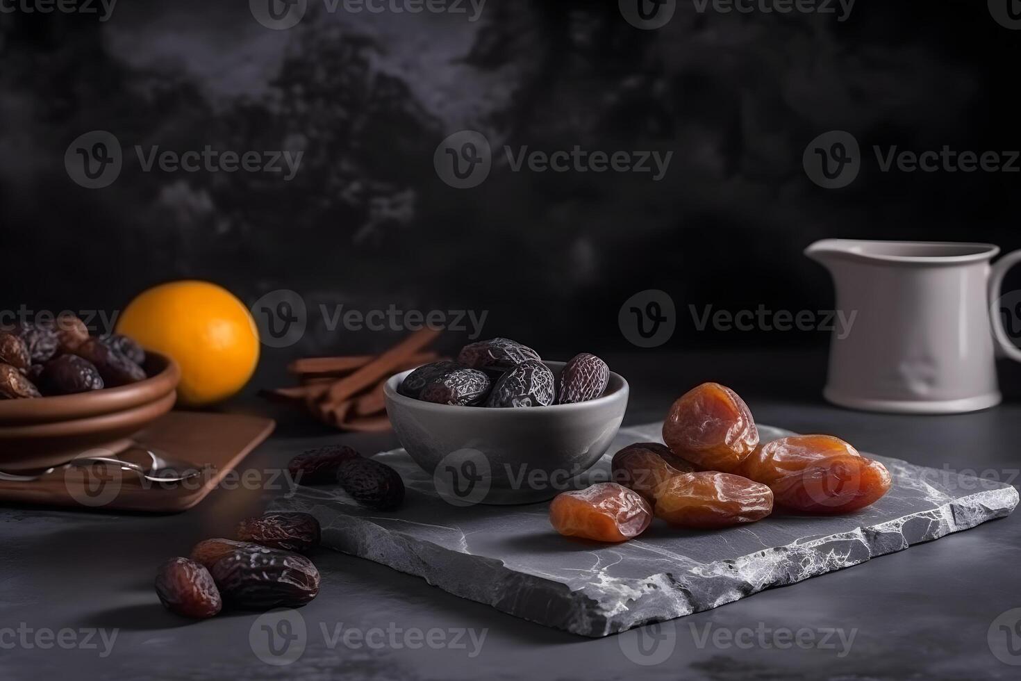 AI generated Dates on a dark background. Neural network AI generated photo