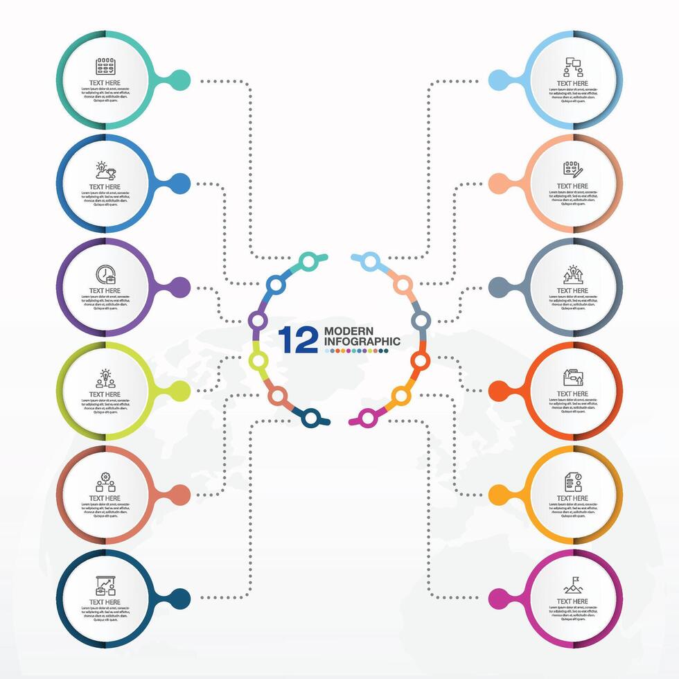 Modern infographic with 12 steps and business icons for presentation. vector