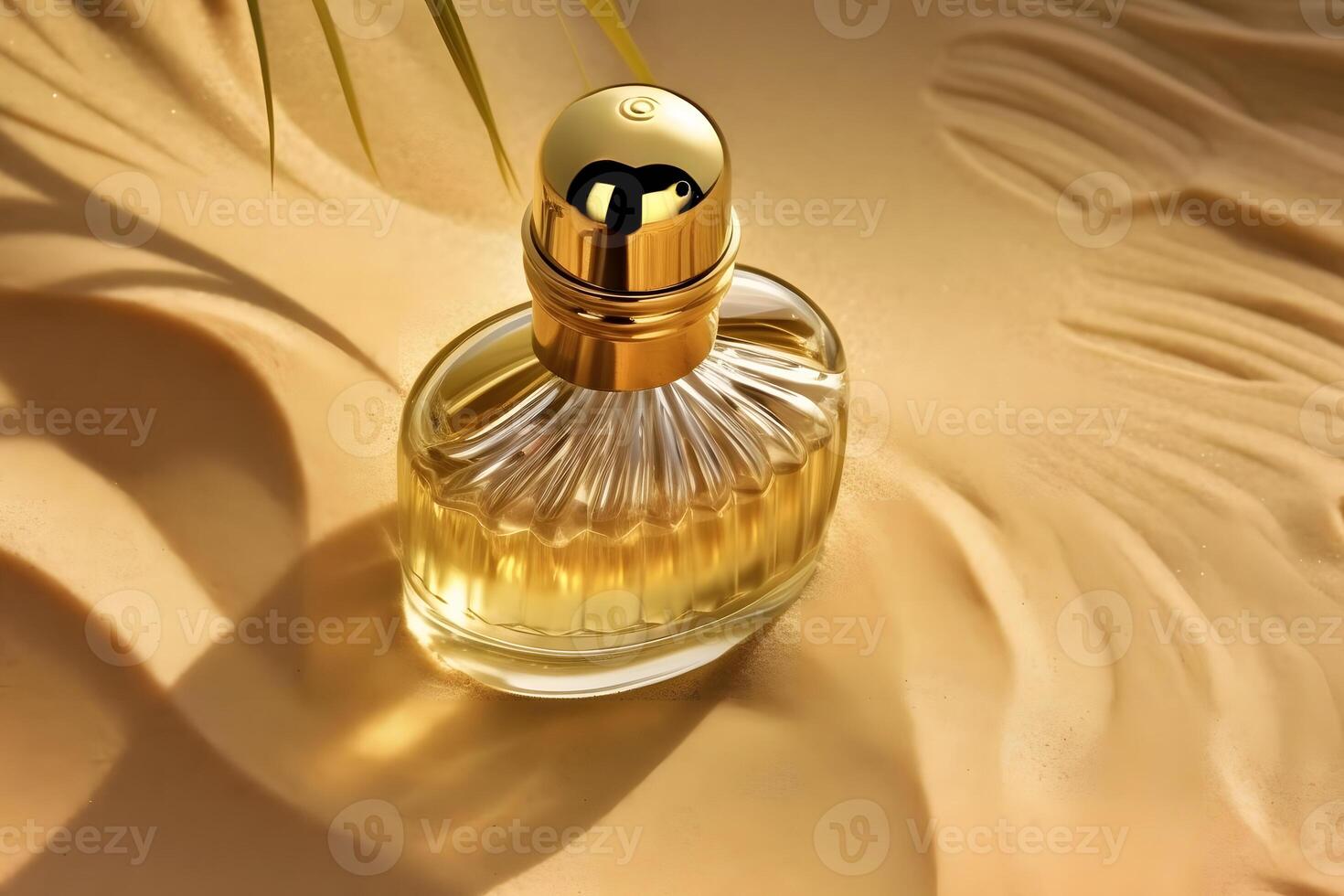 AI generated A bottle of perfume on the seashore is enveloped in a wave. Yellow sand on the beach, marine cosmetics and fragrance. Neural network AI generated photo
