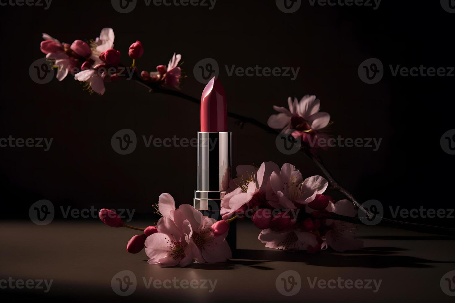 ai generado rojo lápiz labial y flores en un oscuro antecedentes. neural red ai generado foto