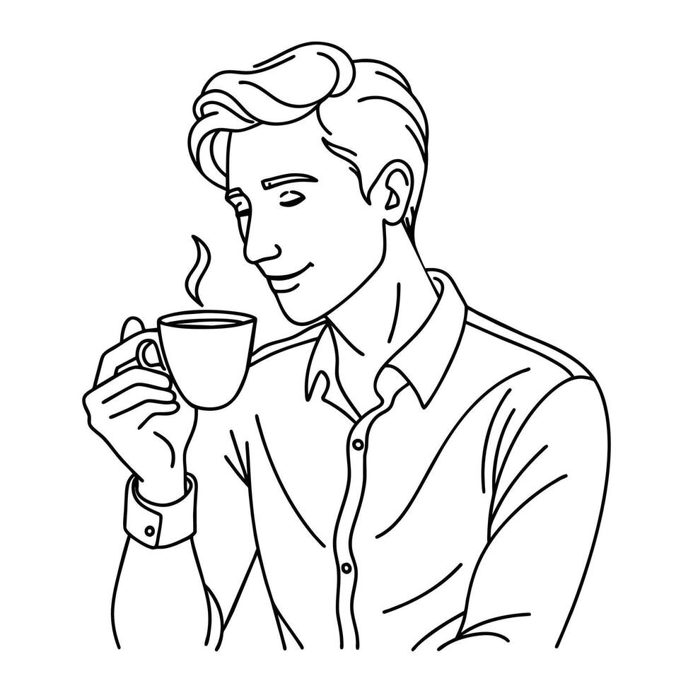 Man drinking his morning coffee Continuous line art drawing vector