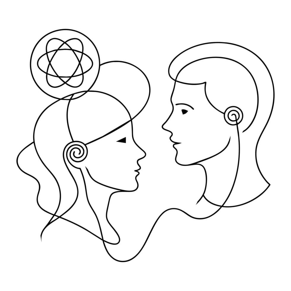 Girl and boy mind communication continuous line art vector illustration.