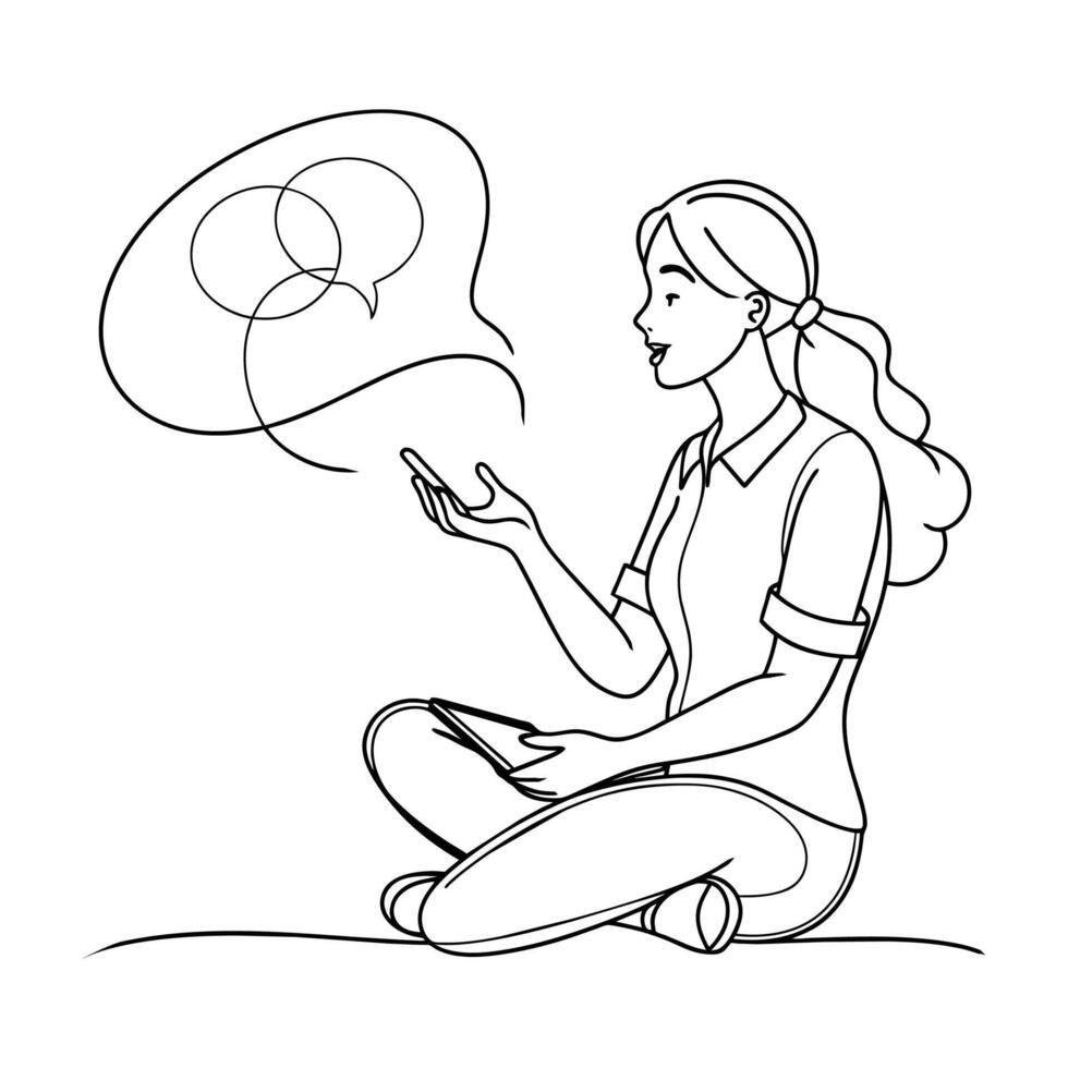 Along girl talking continuous drawing black shape vector