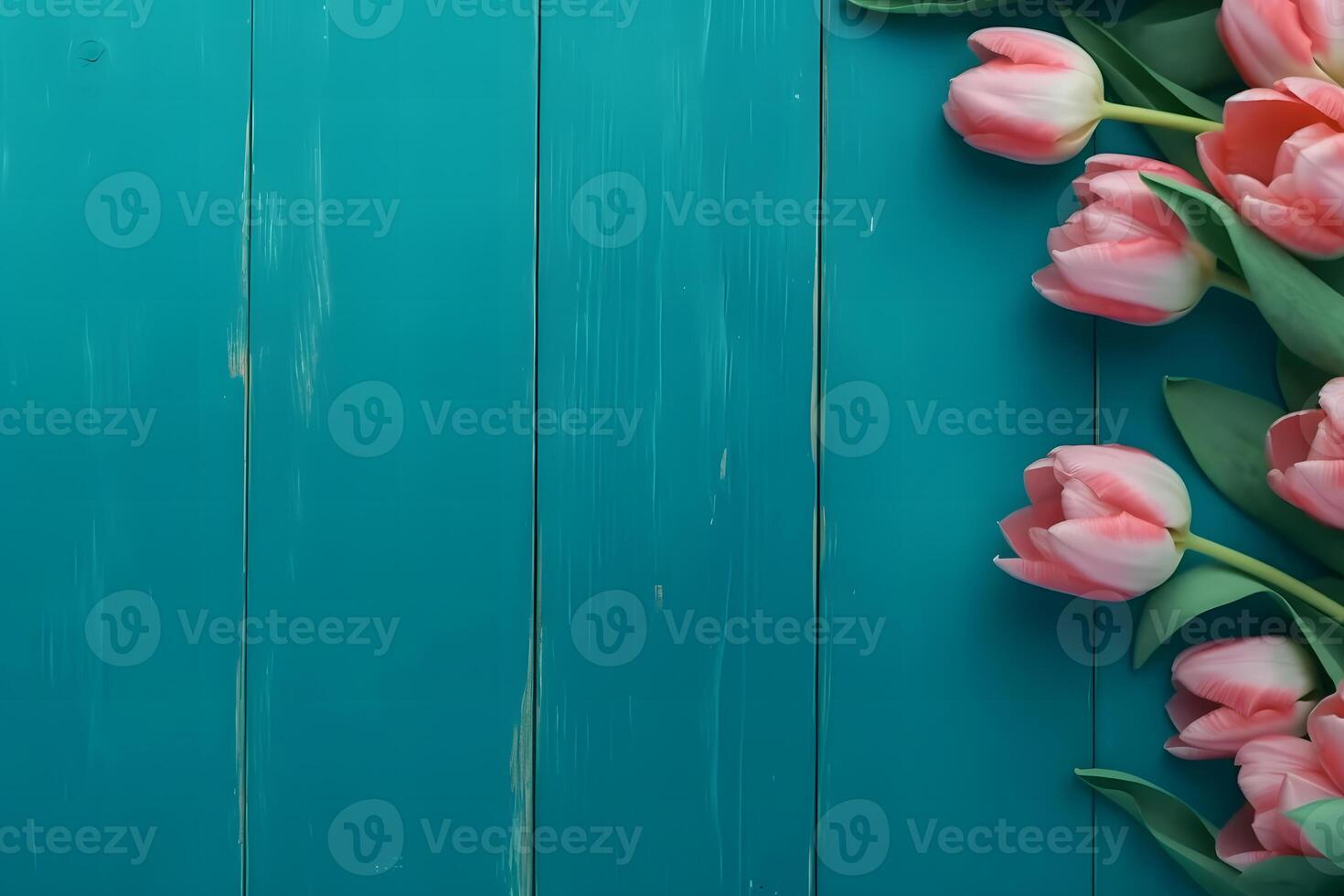 AI generated Frame of tulips on turquoise rustic wooden background. Spring flowers. Neural network AI generated photo