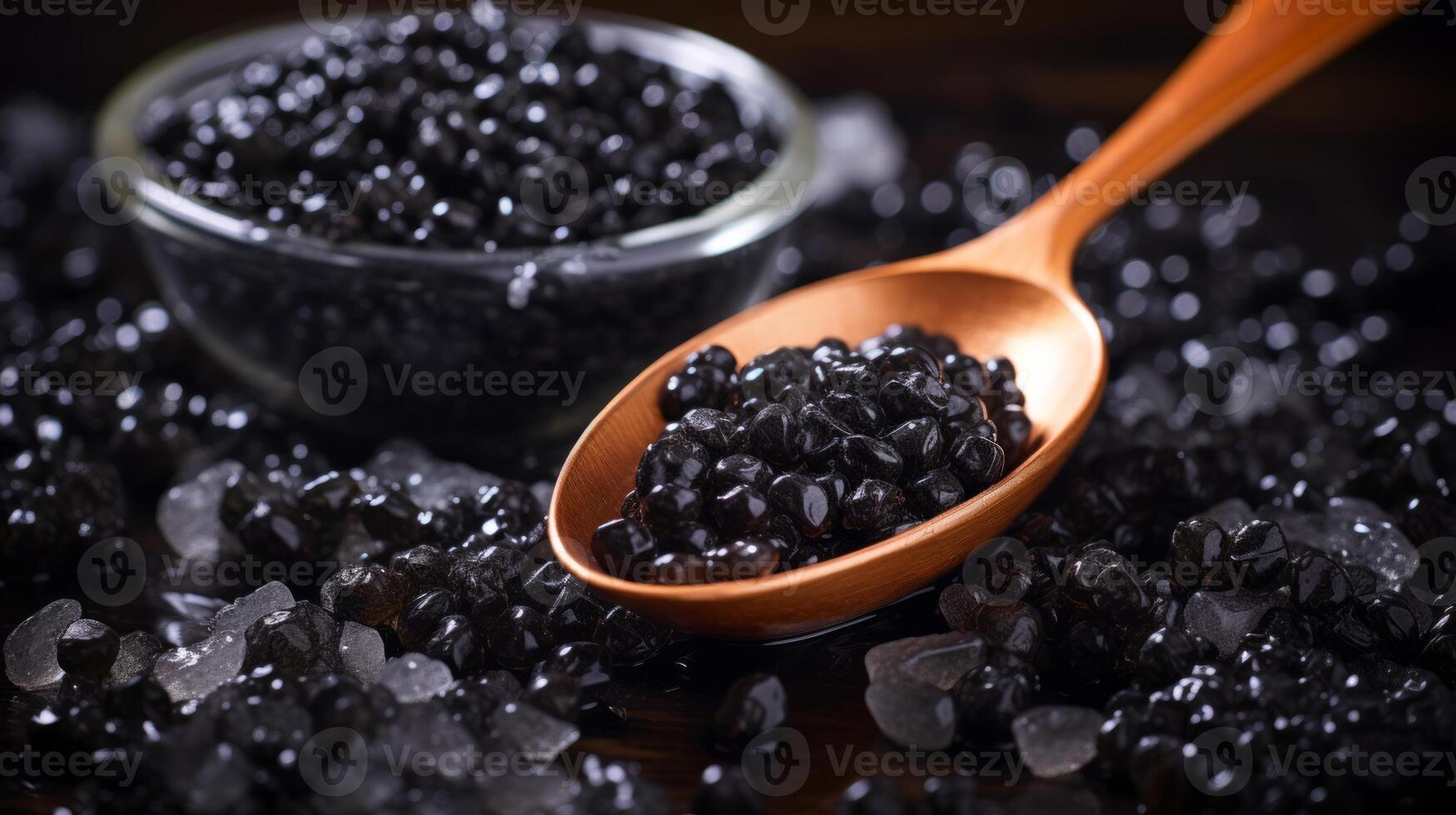 AI generated Black fish caviar served in the caviar spoon on ice on a black background. Neural network AI generated photo
