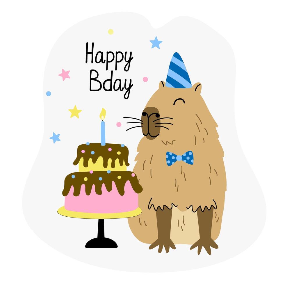 Greeting card with cute capybara and birthday cake. Hand drawn flat vector illustration and happy bday lettering. Funny animal