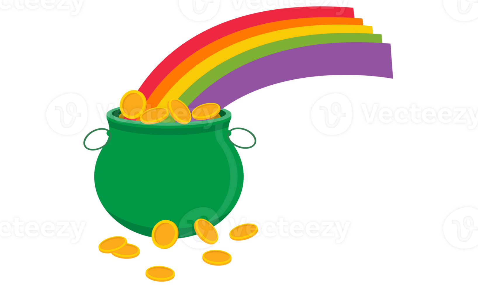 Rainbow pot green coin golden money wealth rich colorful dicut object white background saint patrick day 17 seventeen day date lucky clover celebration irish leprechaun ireland symbol decoration march png