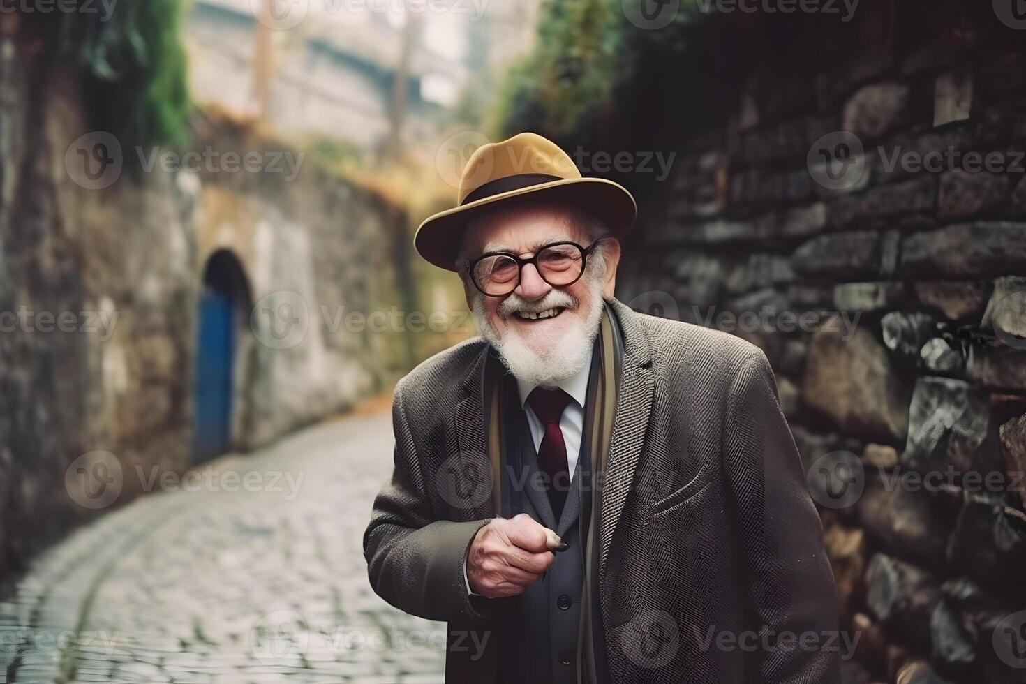 ai generado retrato de un sonriente antiguo hombre en el Georgia. neural red ai generado foto