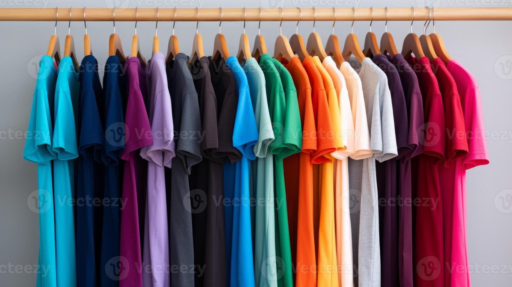 AI generated colorful of t-shirt with hangers in market, Fashion style. Neural network AI generated photo