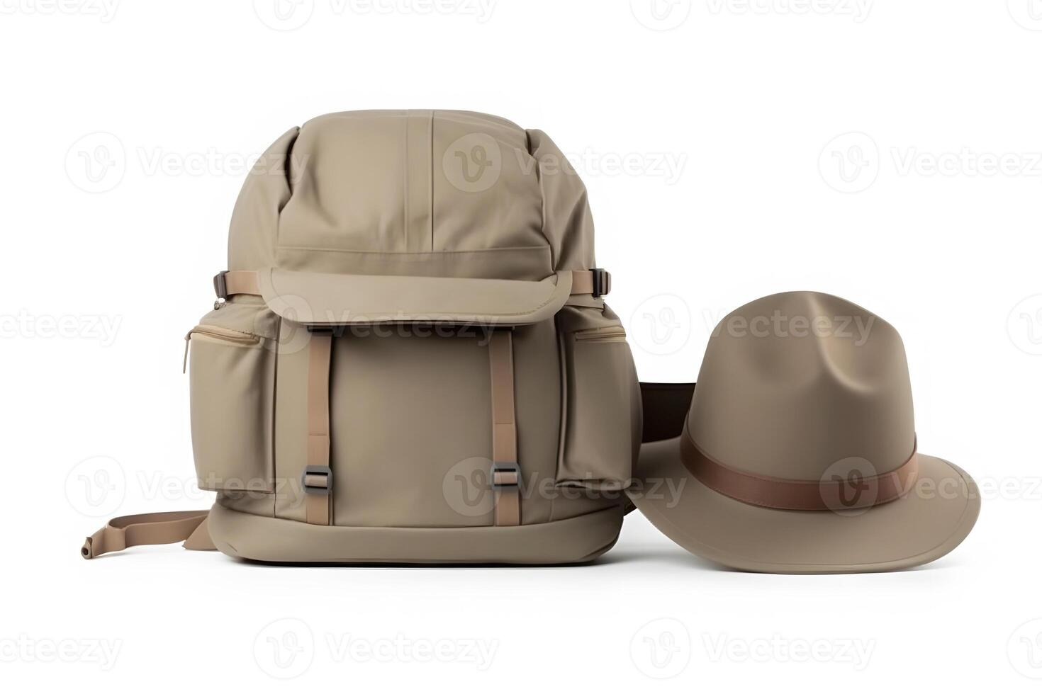 AI generated Travel set isolated on white background. Hat, backpack and boots. Neural network AI generated photo