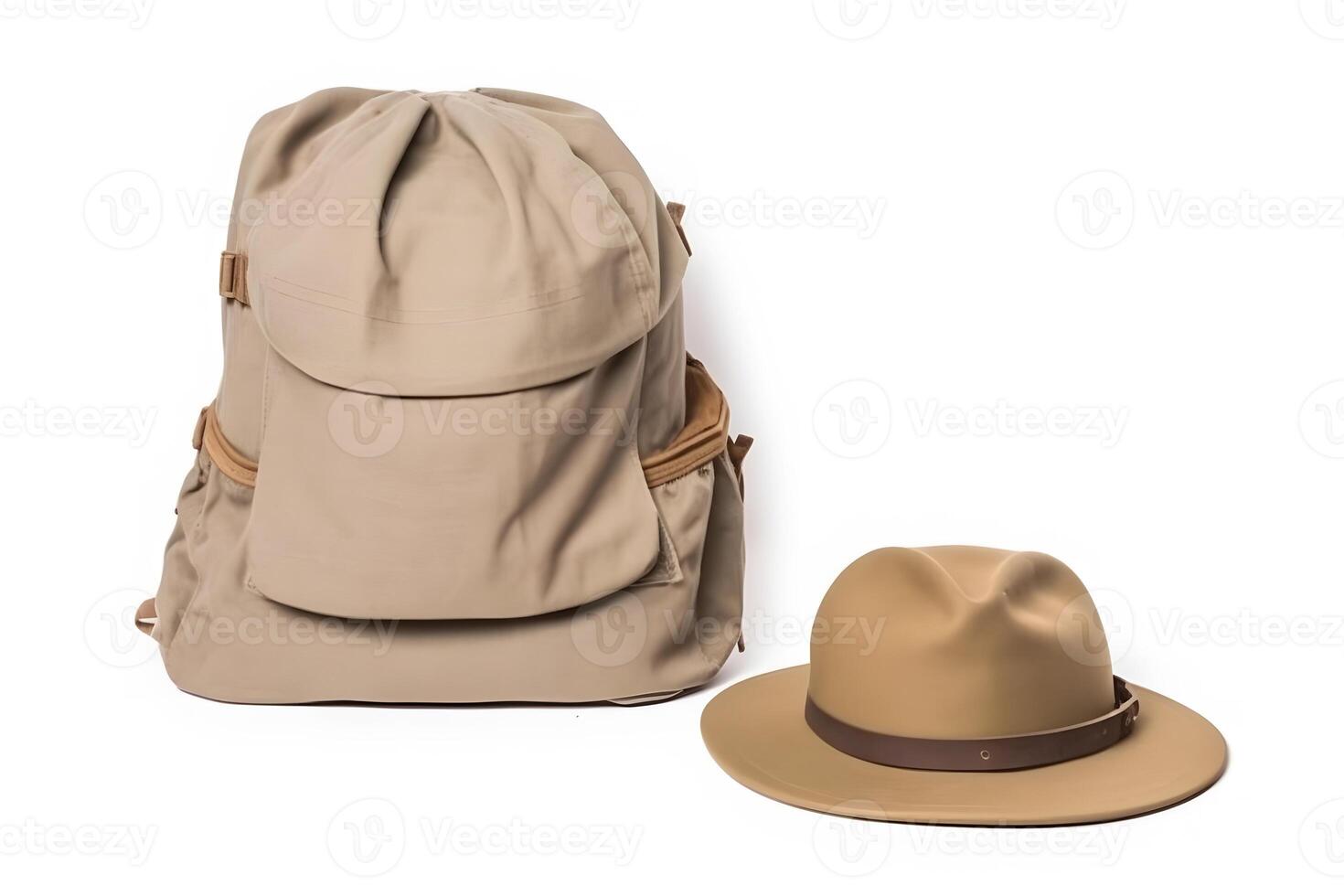 AI generated Travel set isolated on white background. Hat, backpack and boots. Neural network AI generated photo