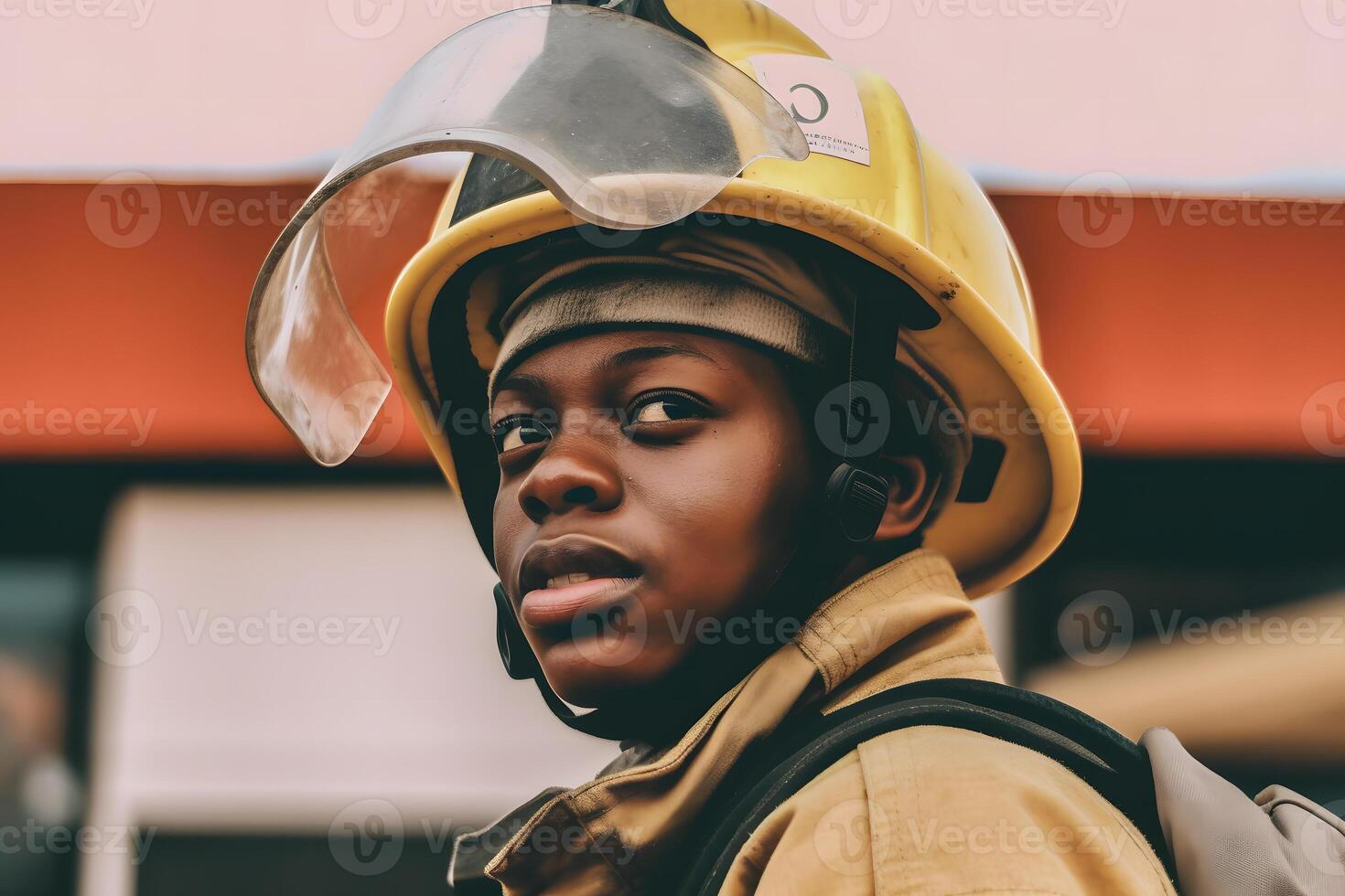 AI generated Firefighter in uniform with high pressure water jet near fire truck outdoors. Neural network AI generated photo