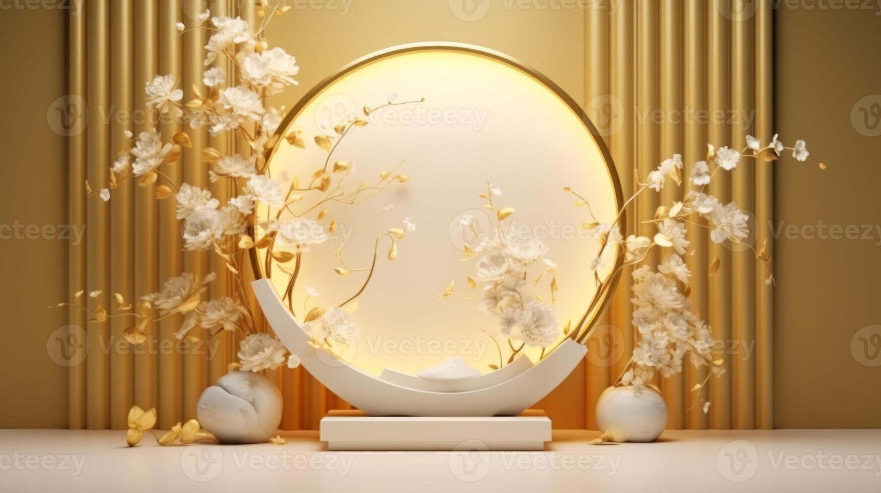 AI generated japanese style minimal abstract background.stone podium and bonsai with circle brown background for product presentation. Neural network AI generated photo
