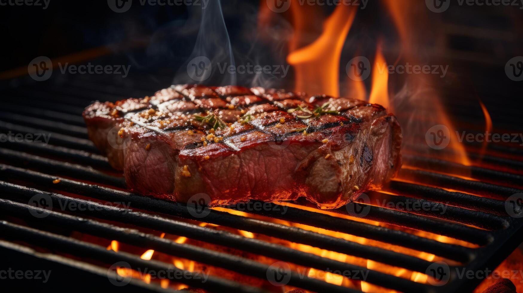 AI generated Grilled meat steak on stainless grill depot with flames. Neural network AI generated photo