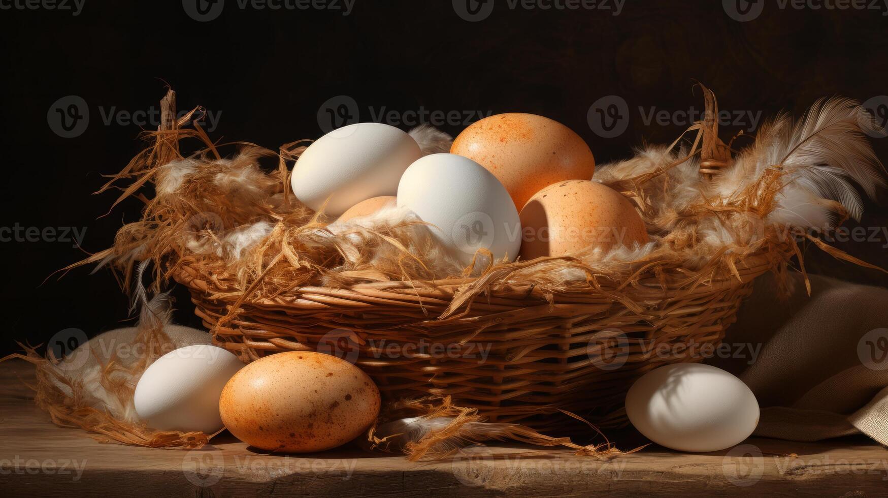 AI generated Many fresh organic eggs in a large basket. Neural network AI generated photo