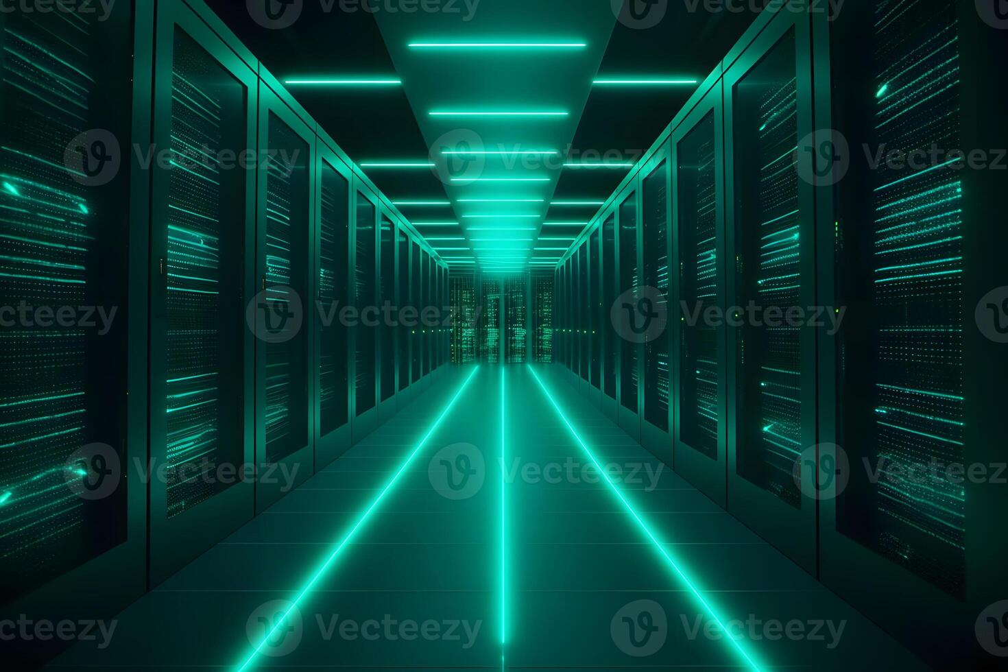 AI generated Shot of Data Center With Multiple Rows of Fully Operational Server Racks. Modern Telecommunications. Neural network AI generated photo