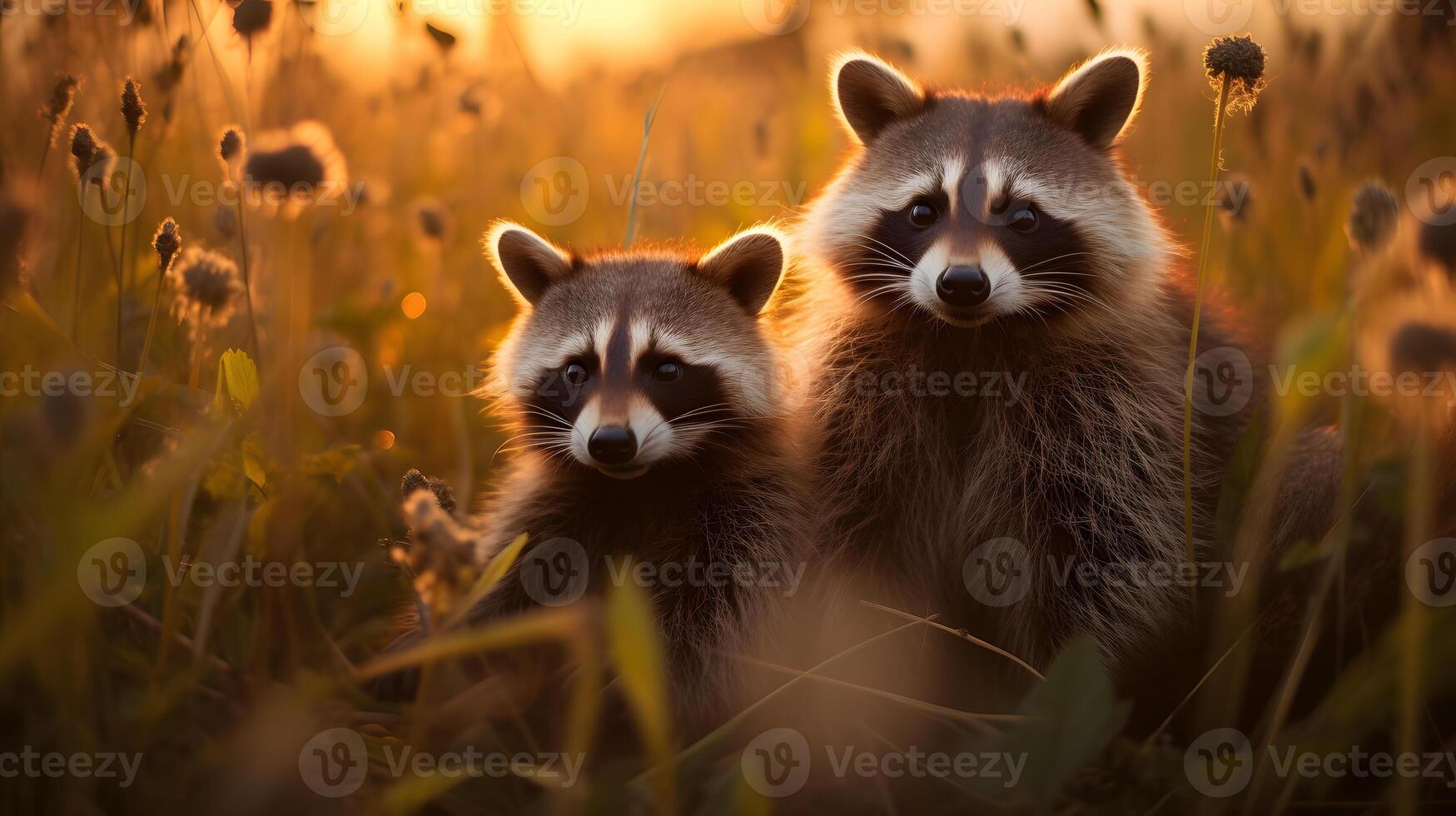 ai generado dos mapaches en un campo a puesta de sol. neural red ai generado foto