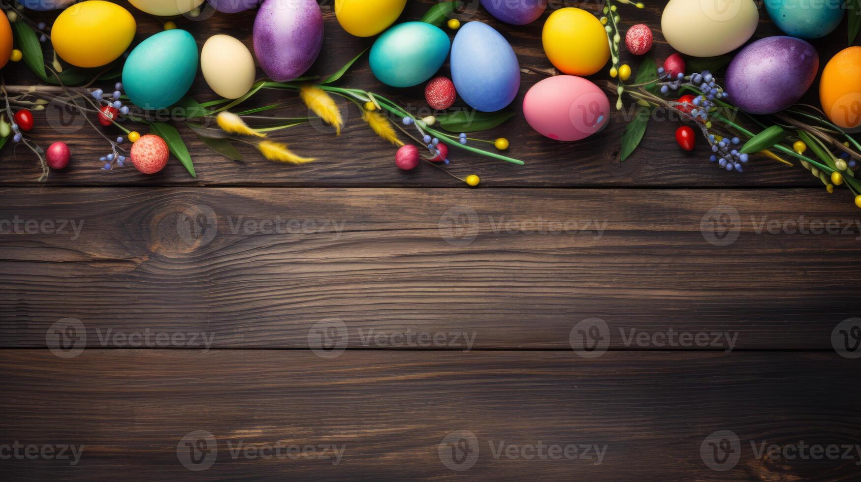 AI generated Easter eggs on a wooden background. Neural network AI generated photo