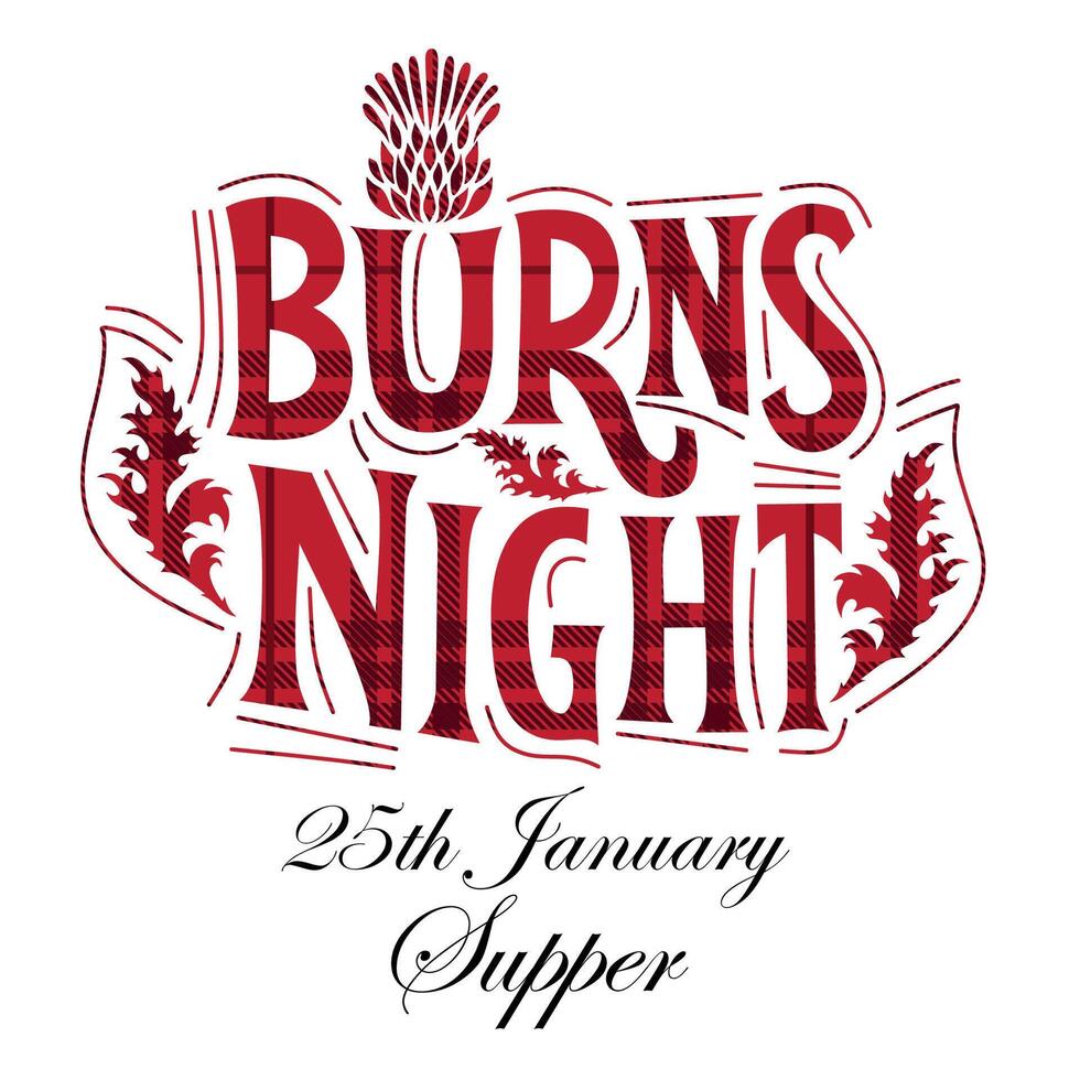 Burns night supper card with thistle on tartan background. Menu with lettering for restaurant, party... vector