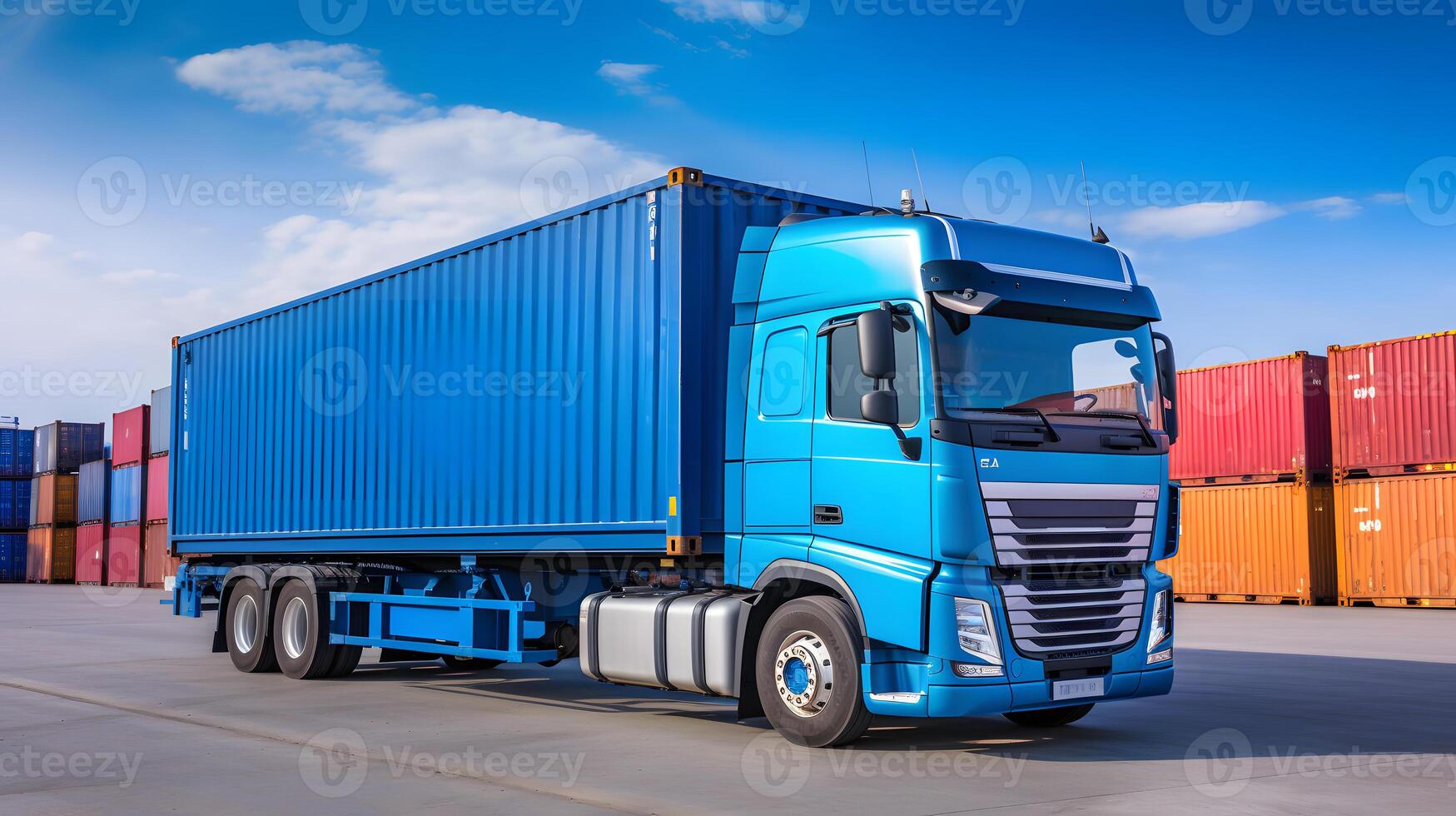 AI generated blue truck at loading port. Neural network AI generated photo