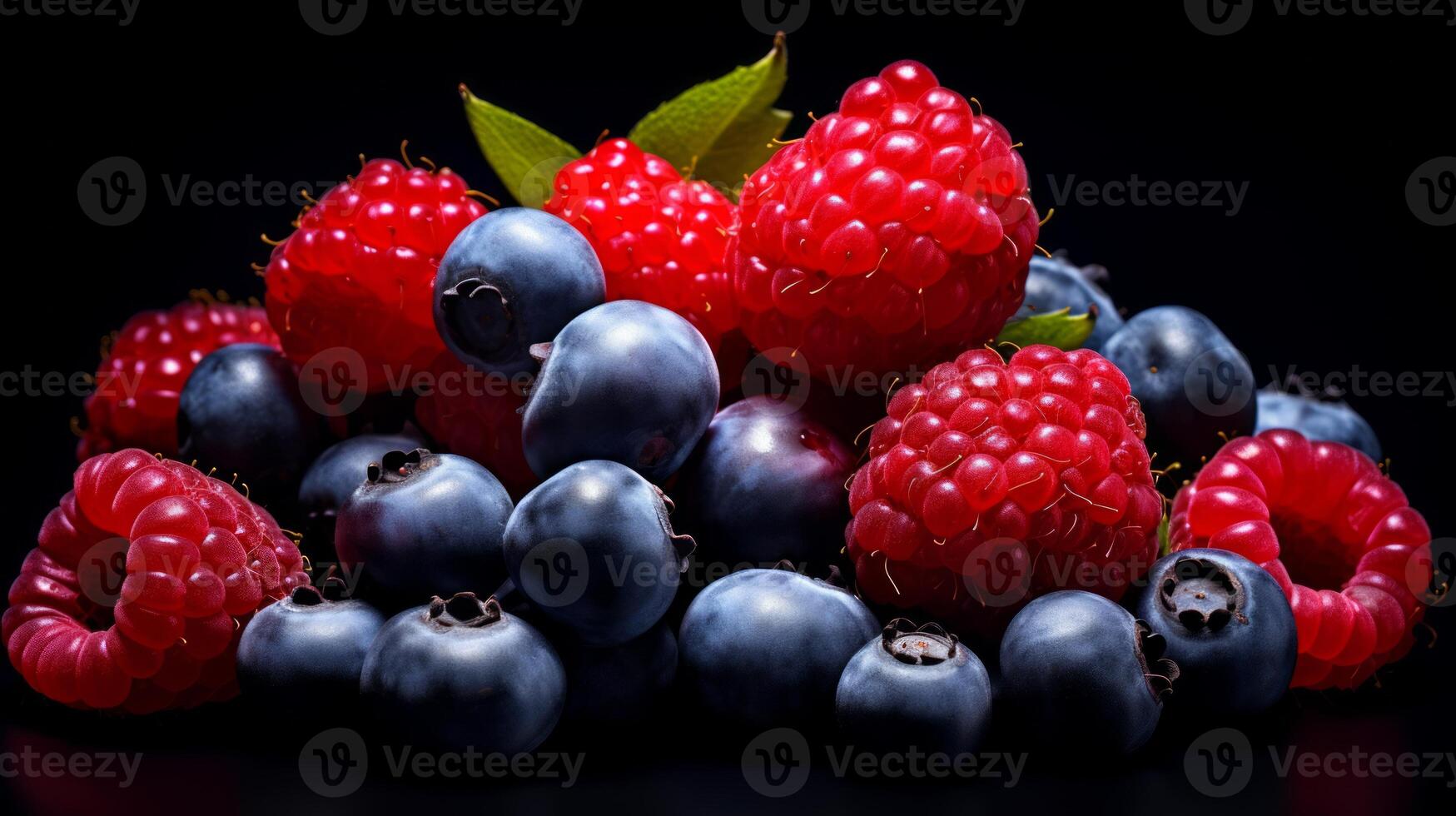 AI generated blueberries and raspberries, blackberry in a bowl. Neural network AI generated photo