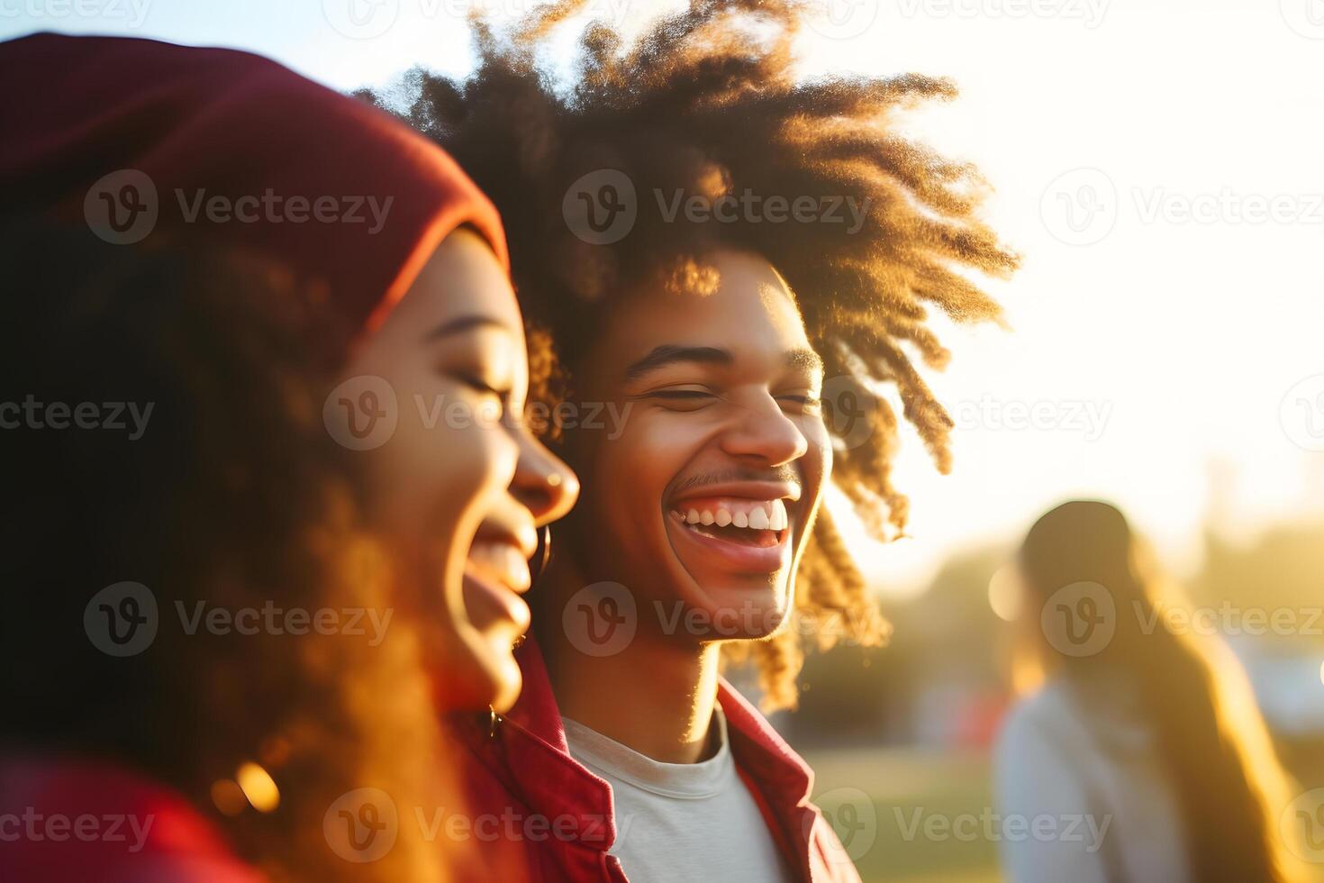 AI generated Happy youth students against sunset background. Neural network AI generated photo