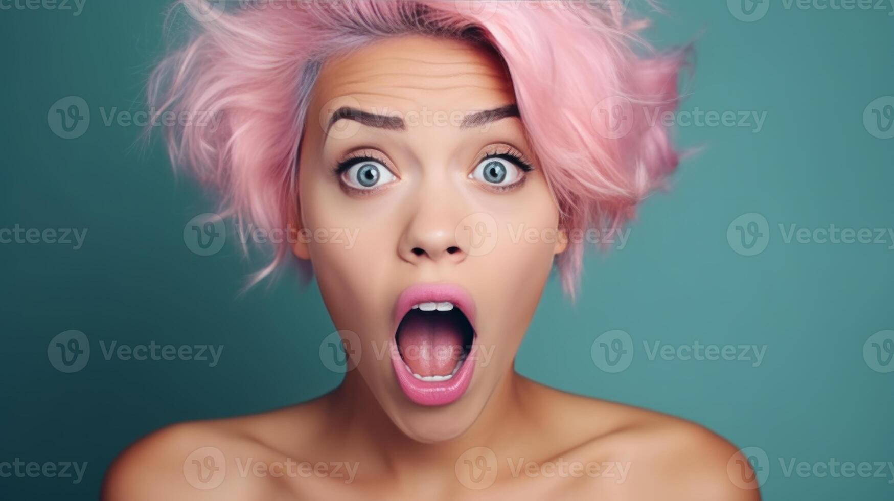 AI generated Girl with pink hair with an emotion of surprise on her face. Neural network AI generated photo