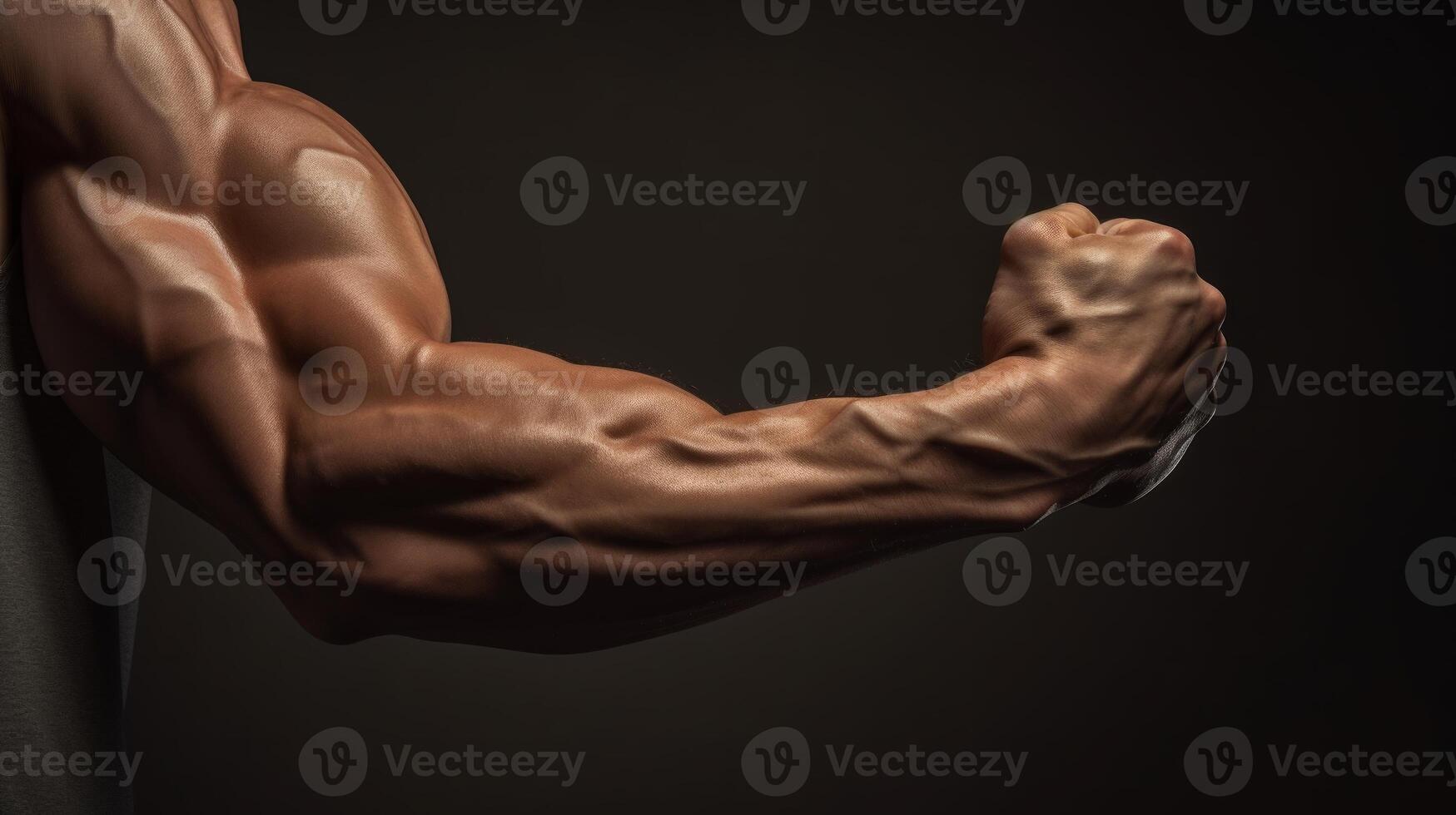AI generated tense arm clenched into fist, veins, bodybuilder muscles on a dark background. Neural network AI generated photo
