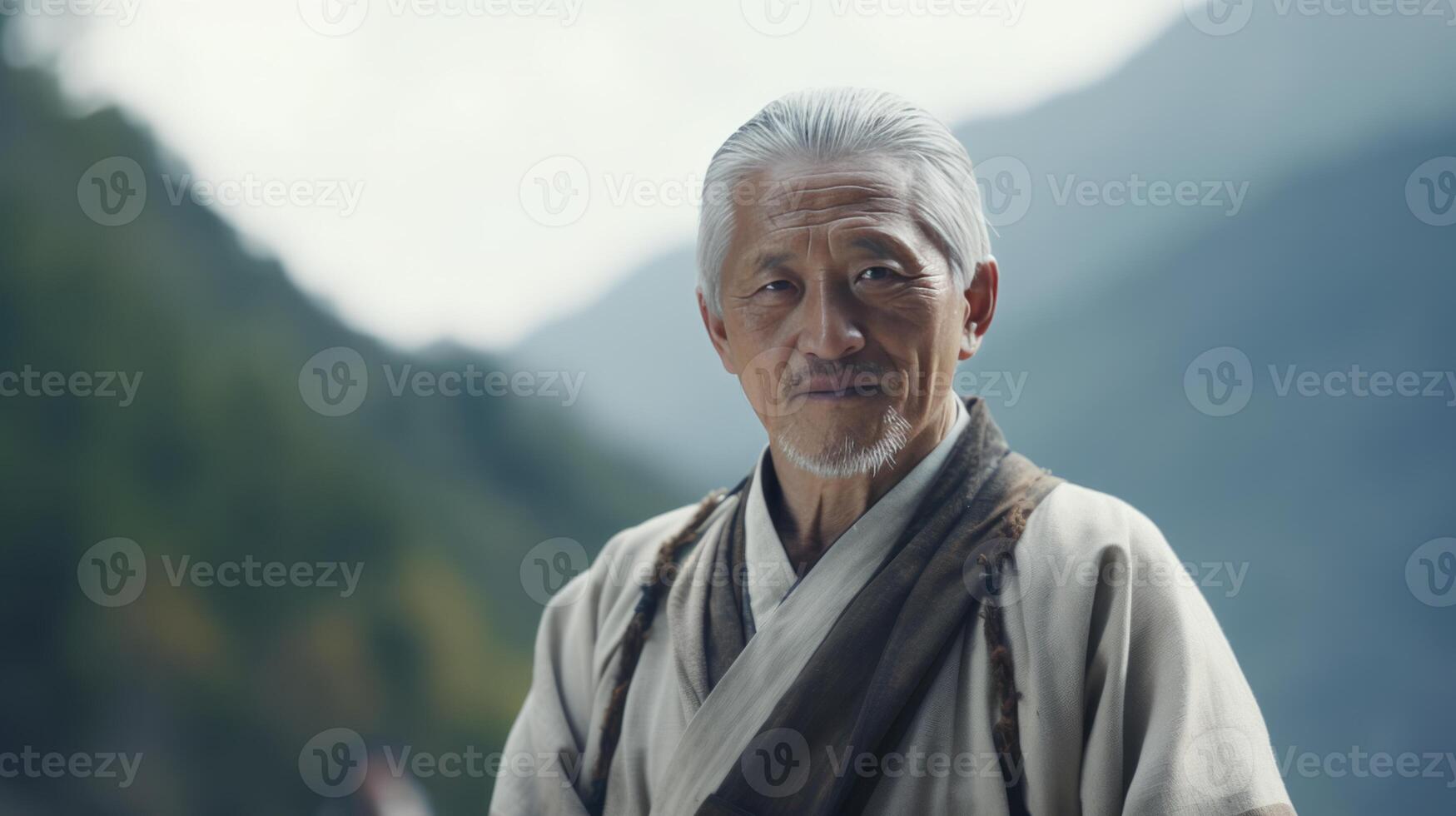 AI generated Asian wise old man in the mountains. Neural network AI generated photo