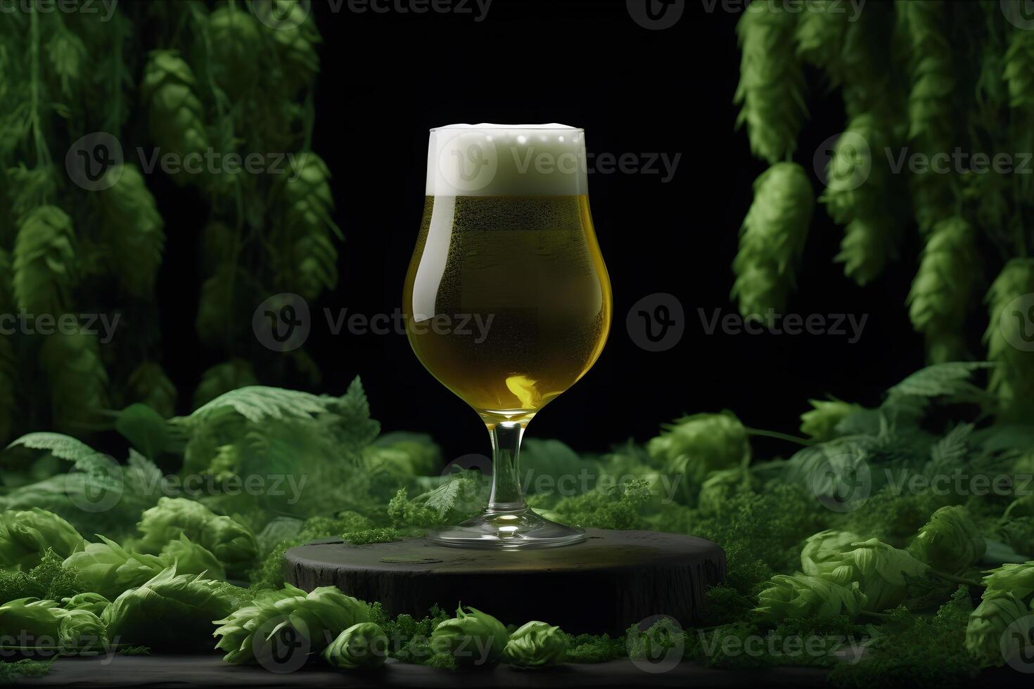 AI generated Glass of beer with hop cones. Neural network AI generated photo