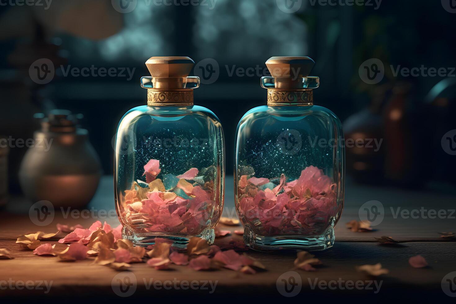 AI generated Glass bottles with flower extract. Neural network AI generated photo