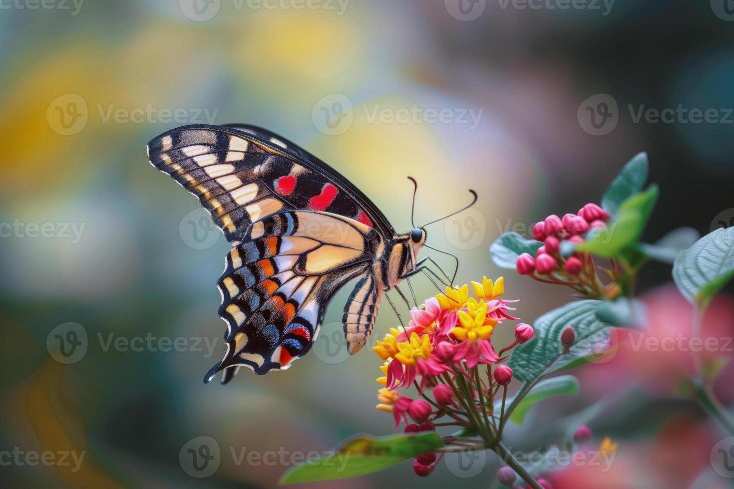 ai generado testigo el delicado danza de un mariposa en medio de el soñador difuminar de flores foto