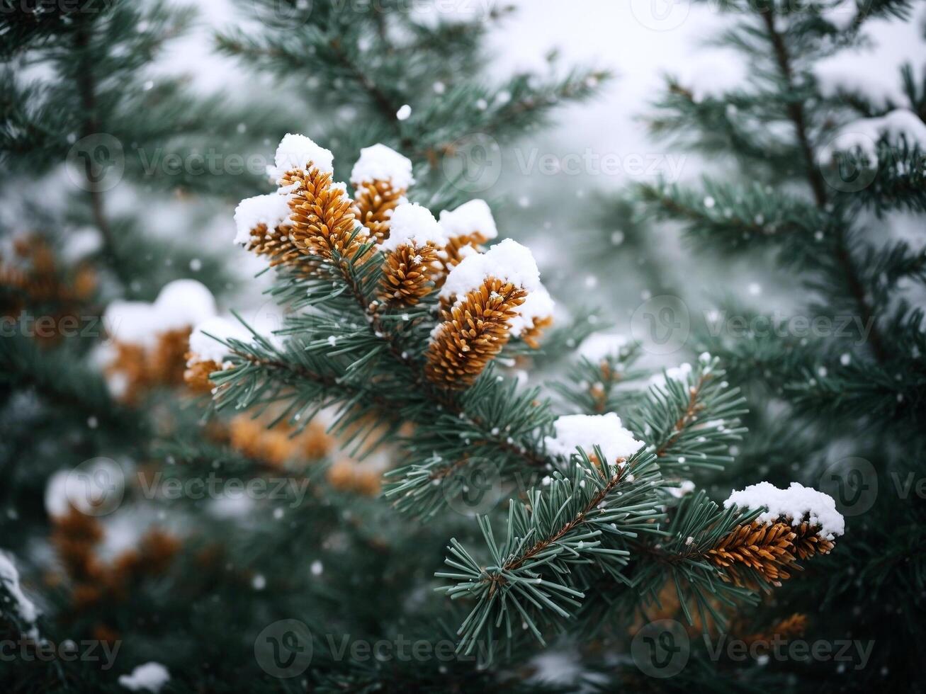 AI generated Snow on pine cones in the snow photo