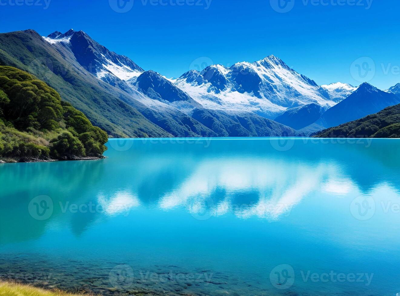 AI generated A beautiful lake with mountains in the background photo