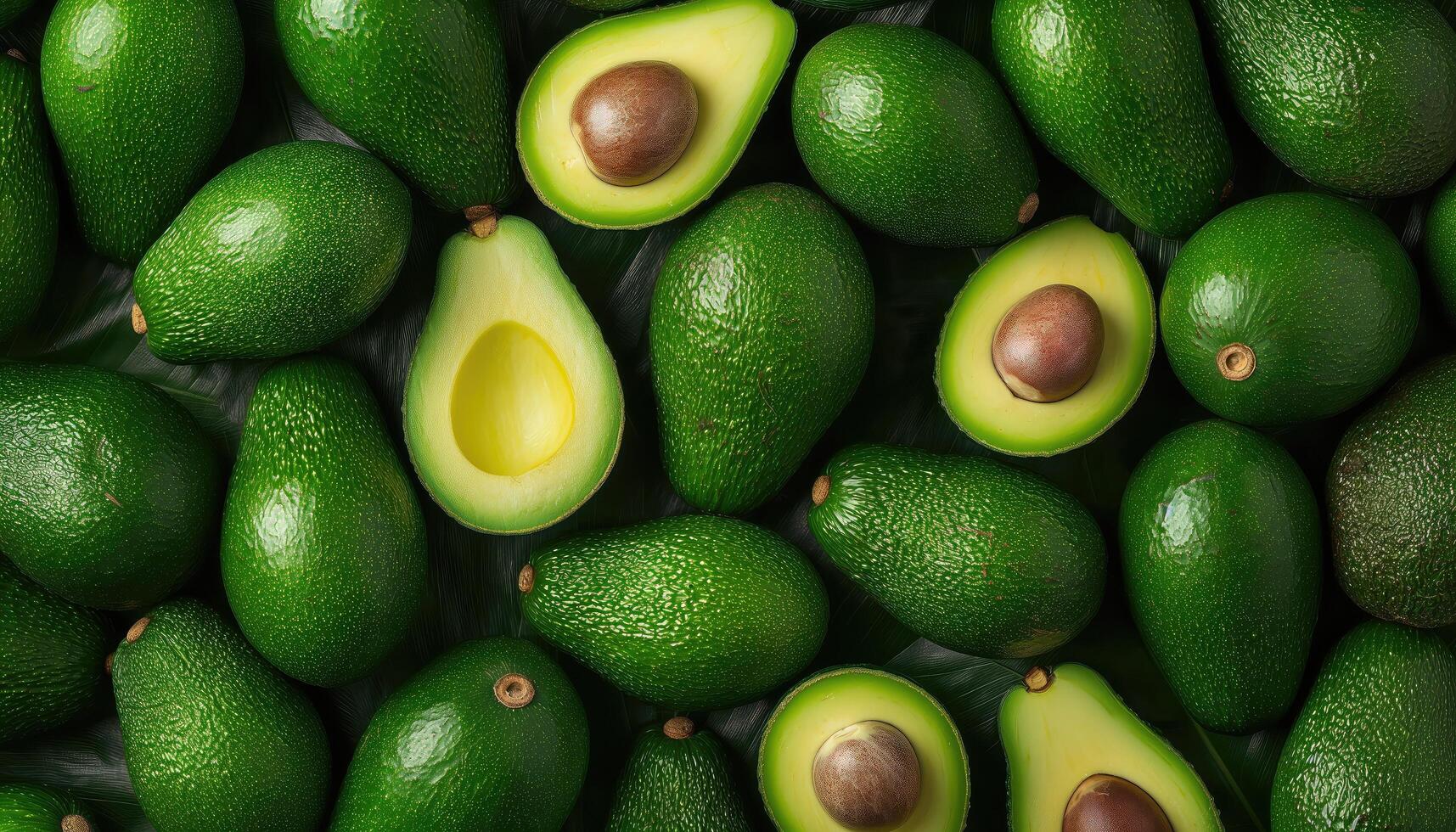 AI generated Vibrant avocado background. Top view of fresh green avocados. Pattern with fresh sliced avocados. Perfect for banners and wallpapers. photo