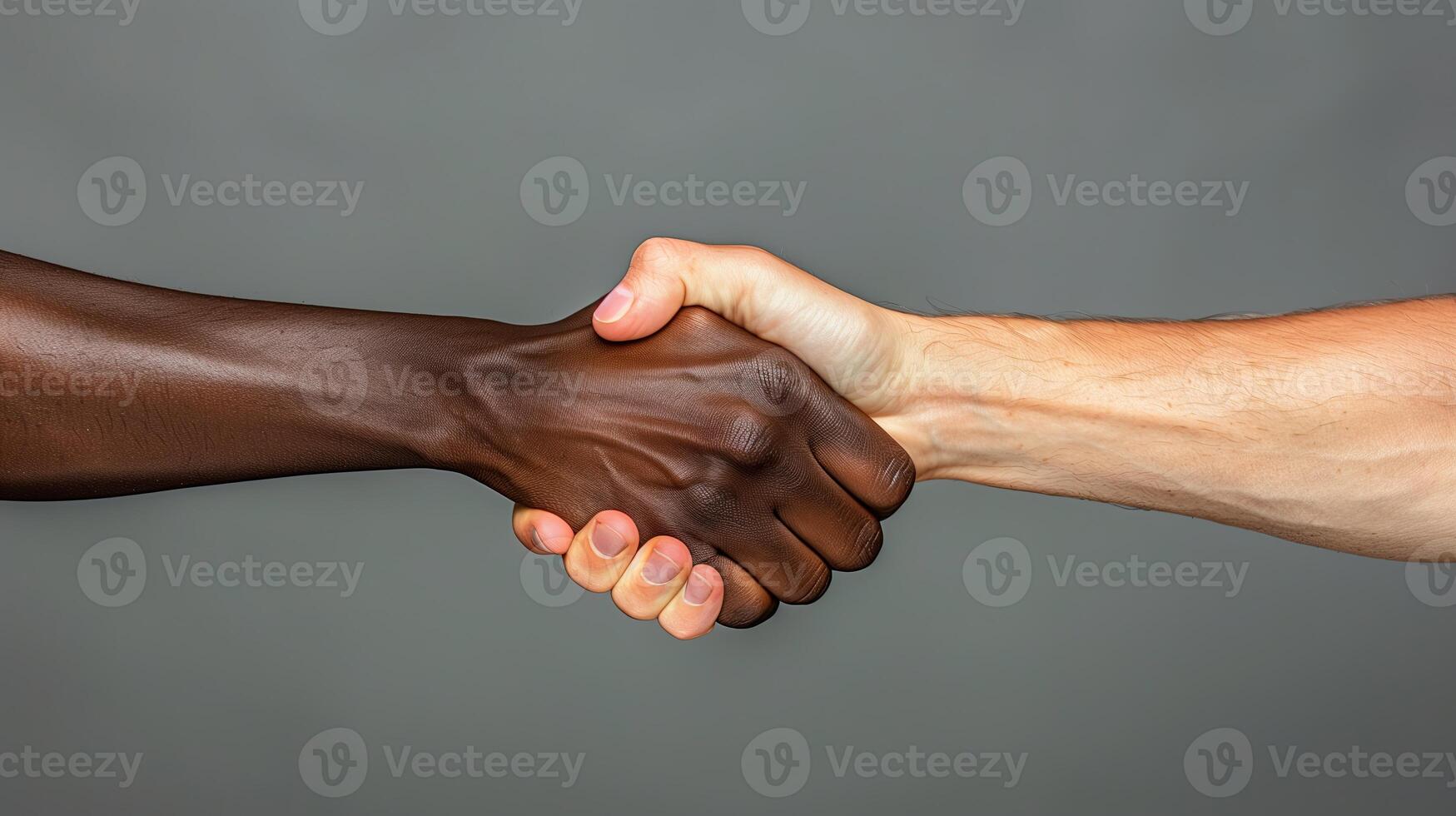 AI generated Closeup photo of two hands arms handshake different race multinational friends antiracism issue help together world globe partners relationship immigration