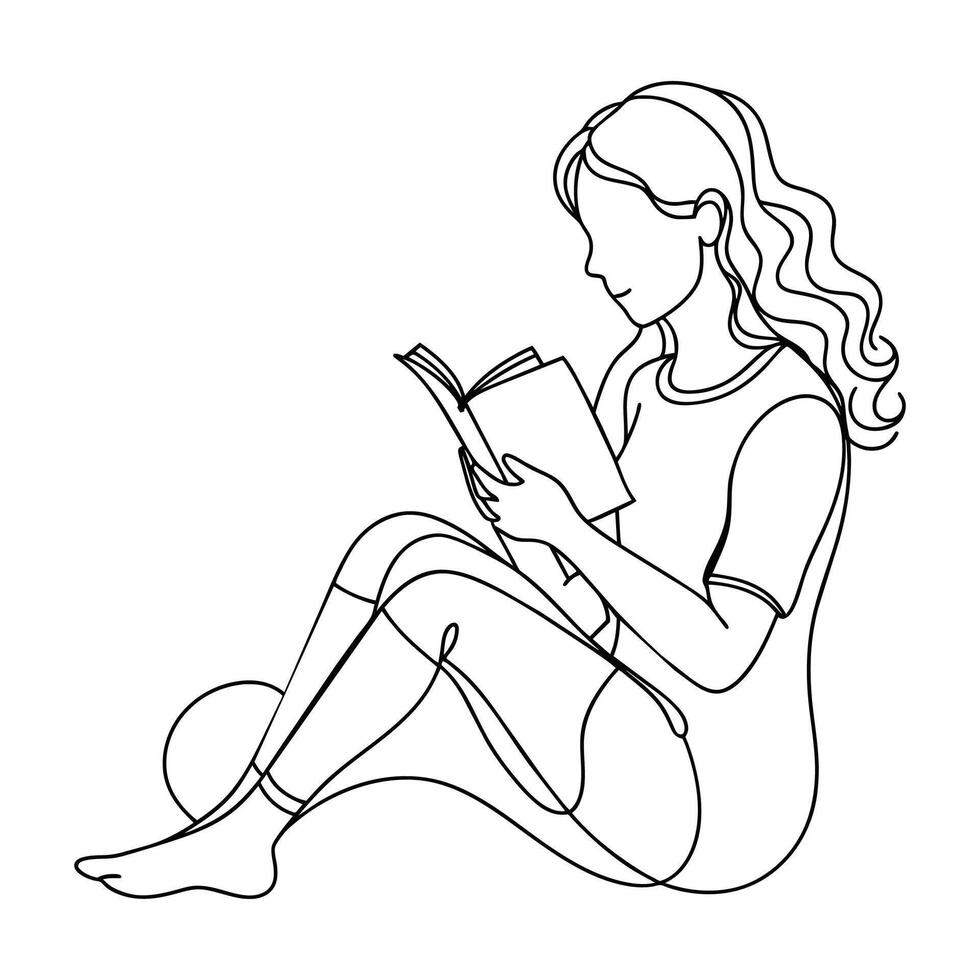 leyendo niña continuo línea Arte dibujo. vector