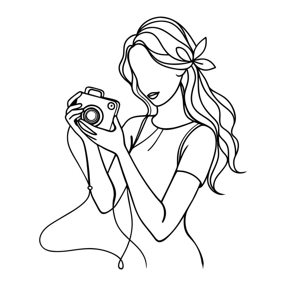 Girl making photo with a dslr camera Continuous line art drawing vector