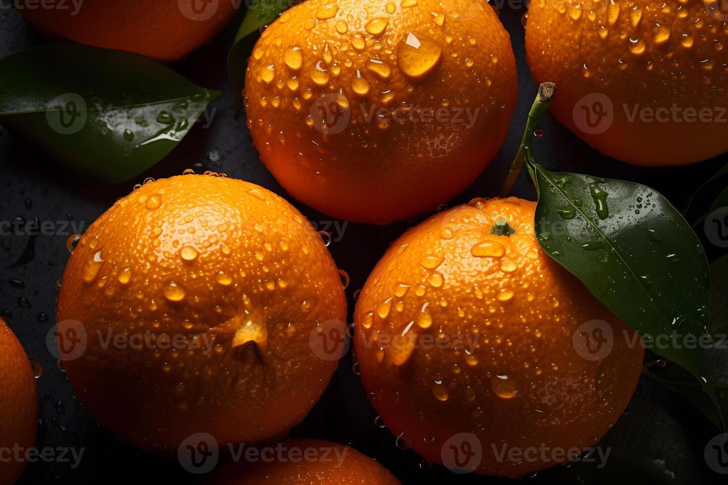 AI generated fresh orange fruits with leaves as background, top view. Neural network AI generated photo