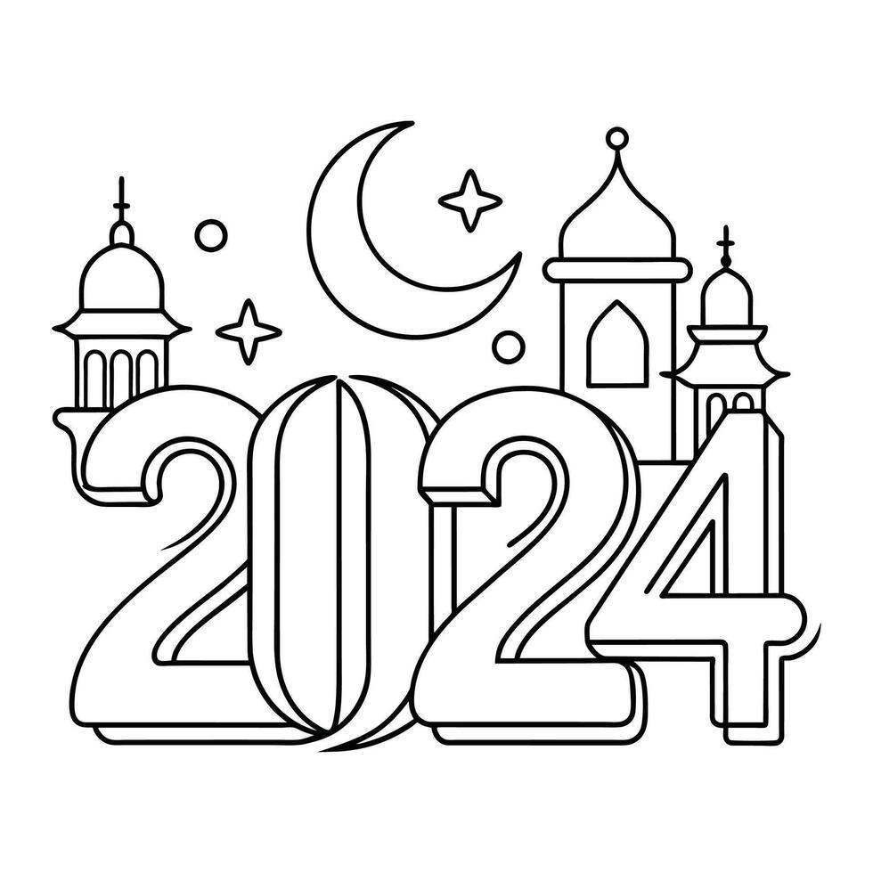 Ramadan 2024 art Continuous line art drawing vector
