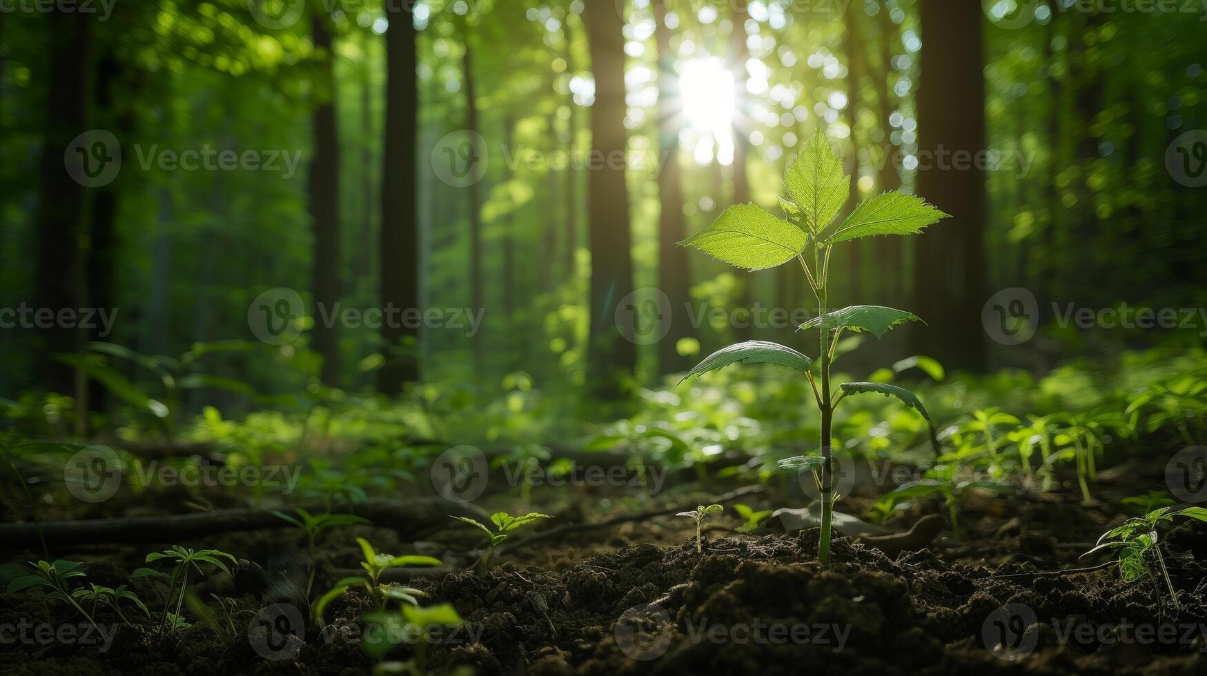 AI generated Young sapling in lush forest with towering trees symbolizing growth and maturity photo