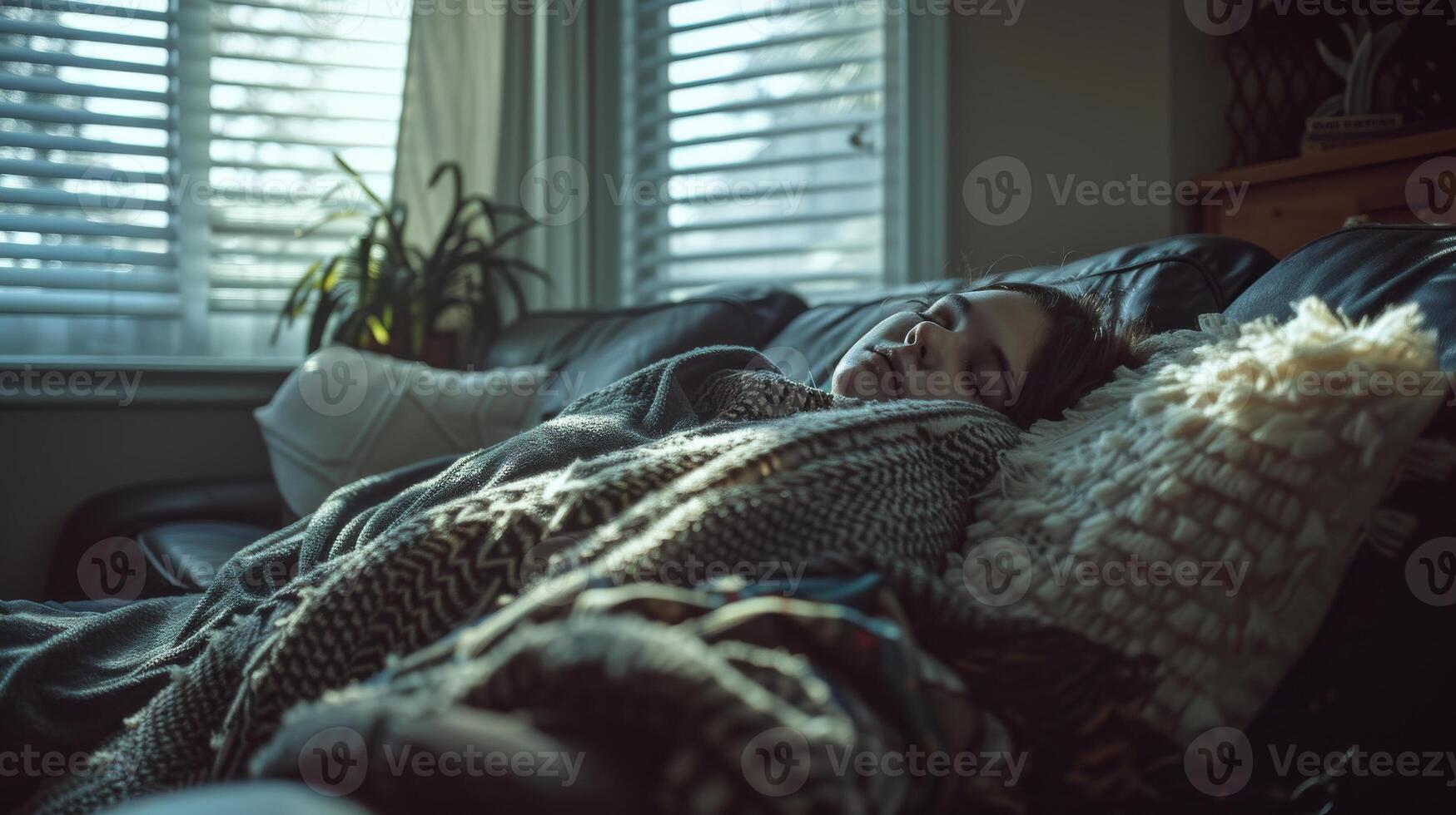 AI generated A woman resting on the couch with a sickly face and cozy blankets in a softly lit room photo