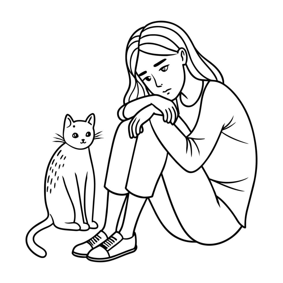 Cute sad lonely girl with cat Continuous line art drawing vector