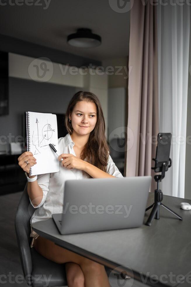 A young woman blogger conducts an educational broadcast on a laptop in social network in home workplace, online teaching concept photo