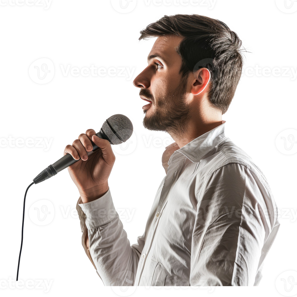 AI generated Confident man public speaking talking with microphone in studio. png
