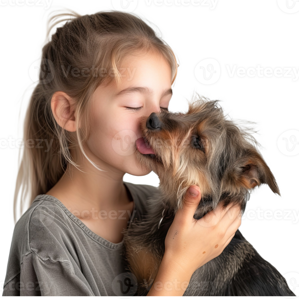 AI generated Heart-warming photo of a little crossbreed dog in the arms of a beautiful young girl, licking her face png