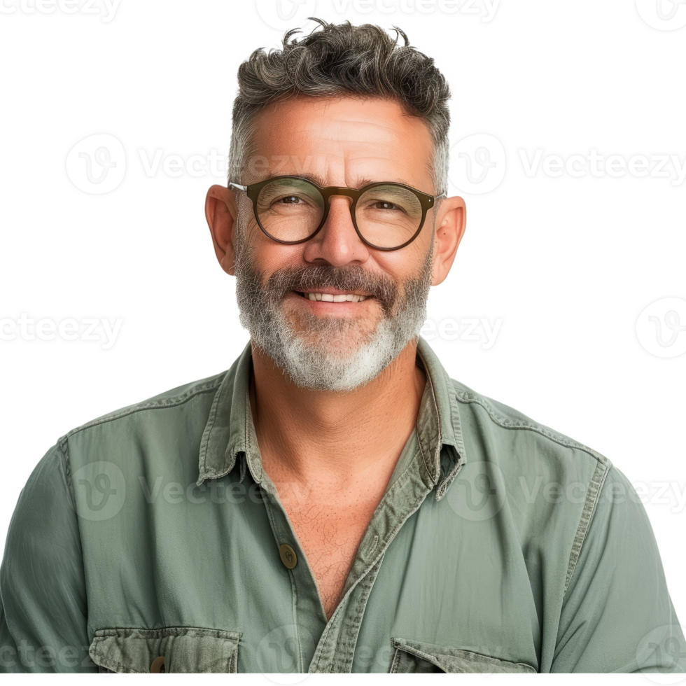 AI generated Middle age hoary man wearing casual green shirt and glasses png